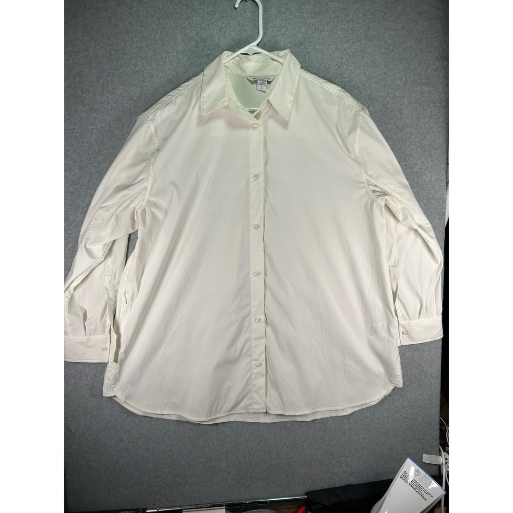 Stain*Athleta Oversized Poplin Top White Button Down Shirt Side Zip Pocket Sz L